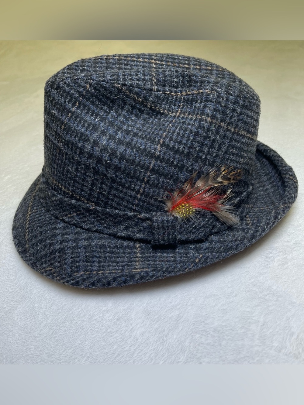 Dorfman Pacific Plaid Tweed Fedora Hat Feather Accent Gray Charcoal Blue Tan